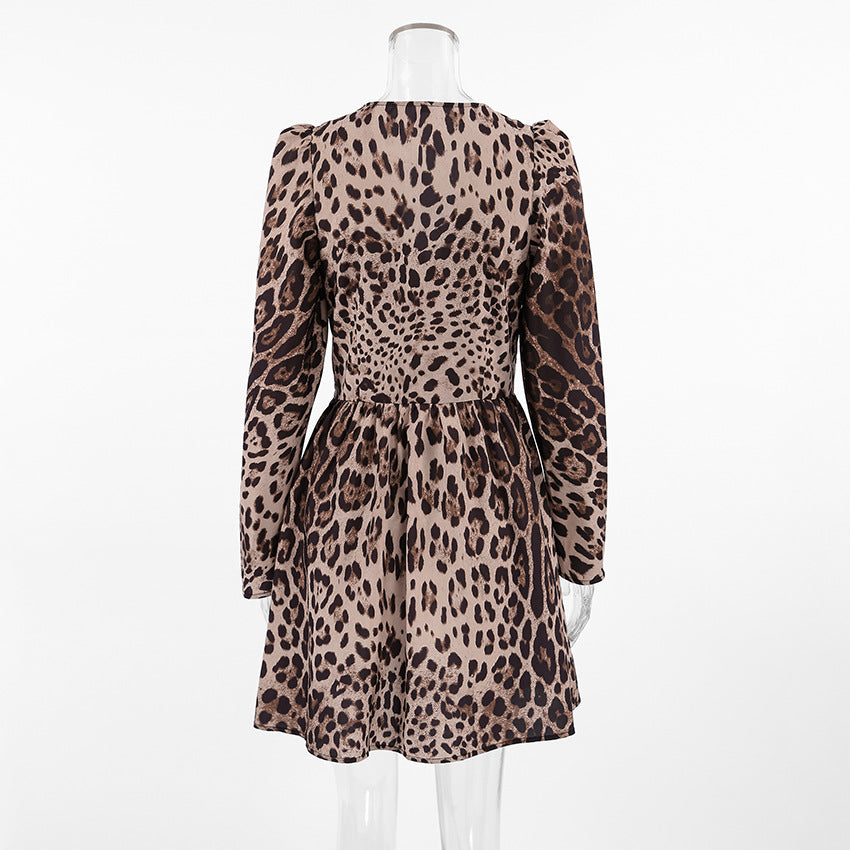 Leopard Print V-neck Slim Fit Dress