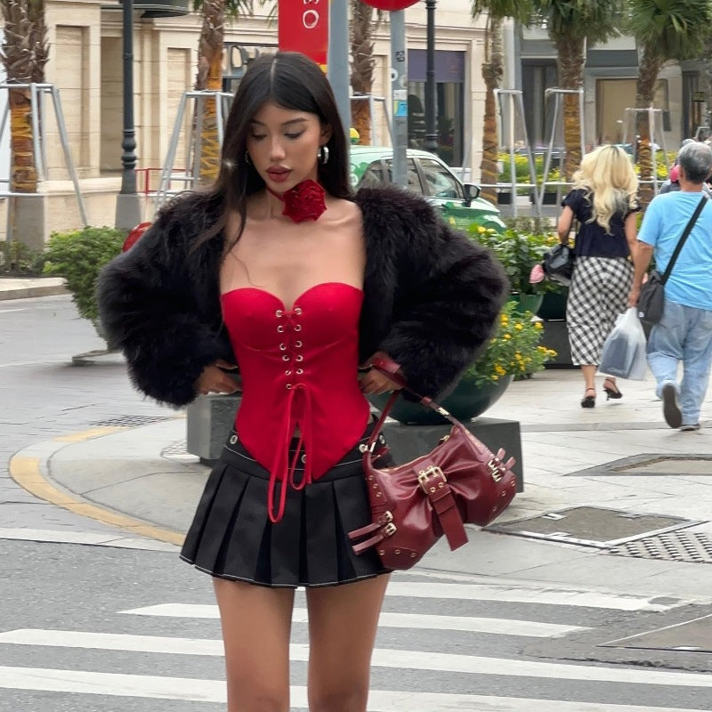 Red Lace-up Bandeau Irregular Top