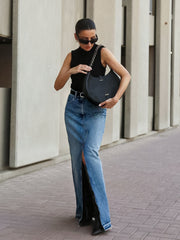 High-Waisted Denim Skirt with Front Slit