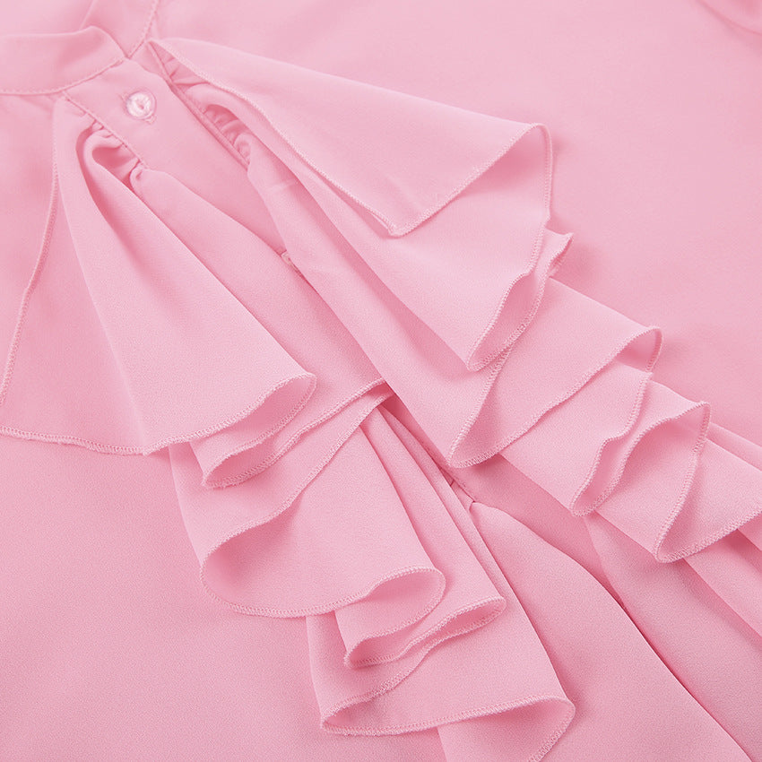 Bell Sleeve Up Sheer Chiffon Ruffle Blouse
