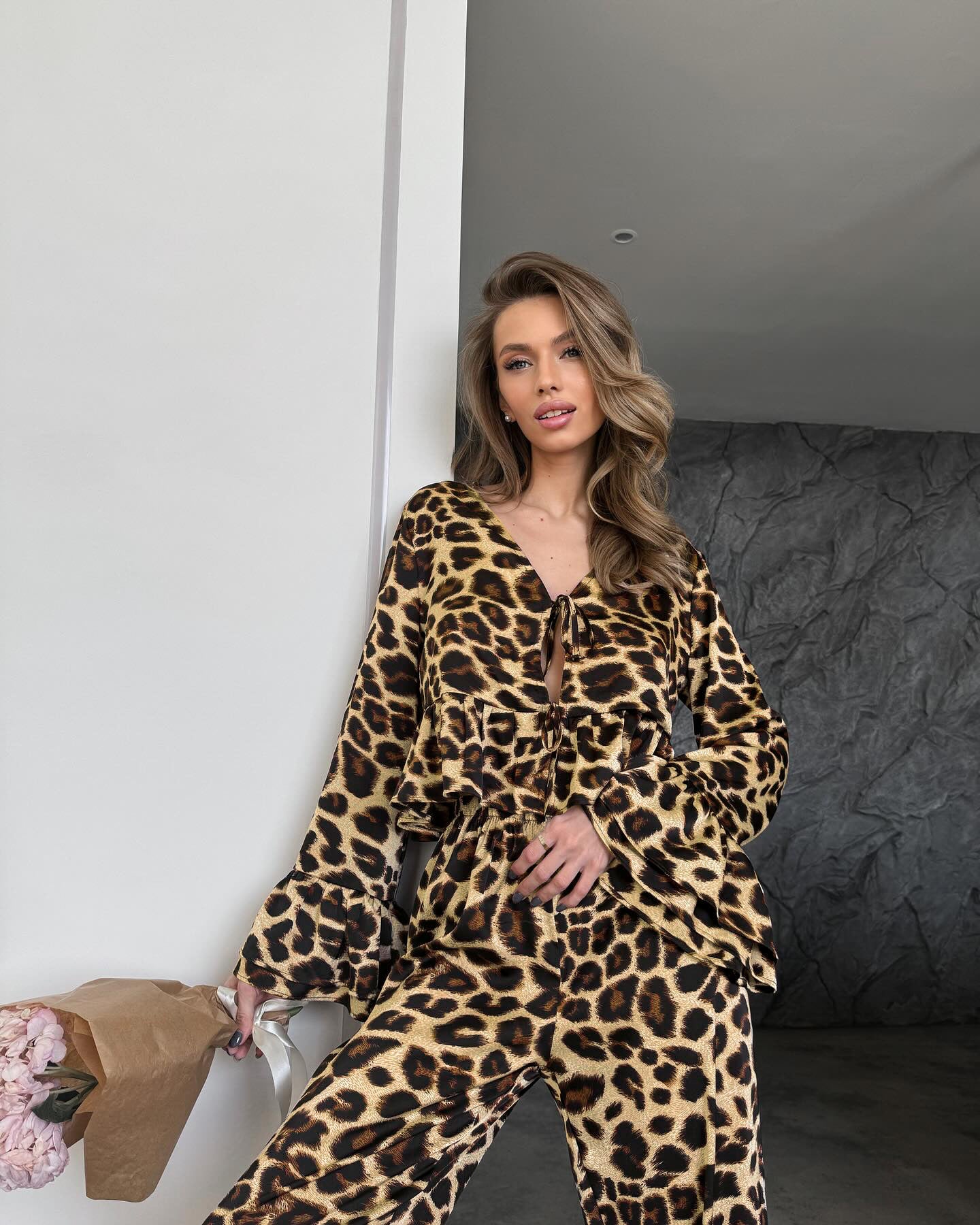 Leopard Print Loose V-neck Tie Top and Elastic Waist Comfort Pants Set