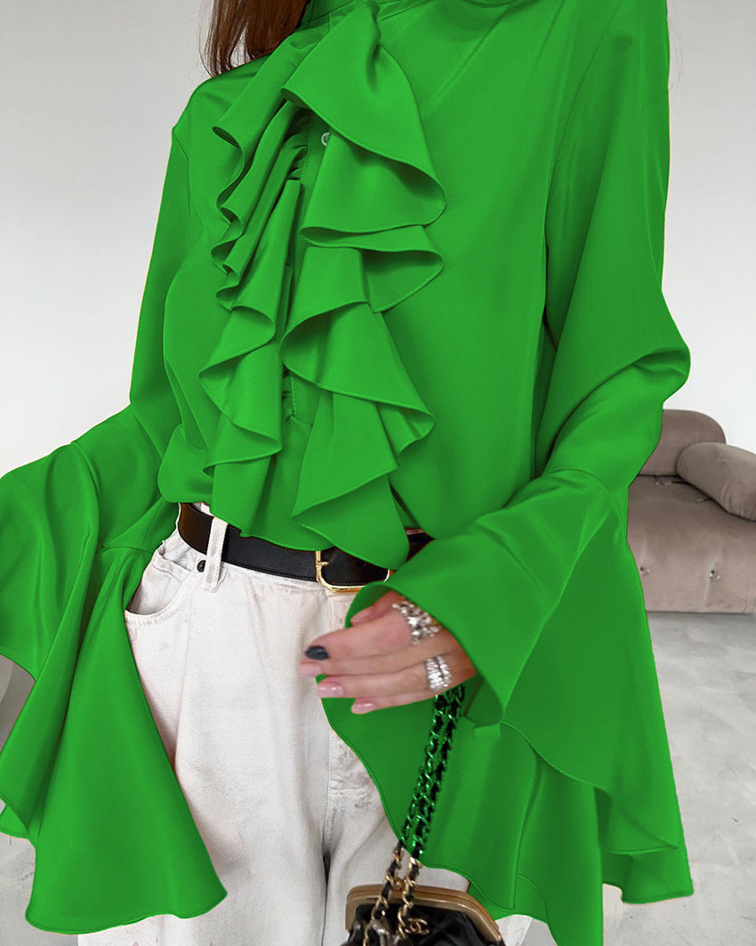 Bell Sleeve Up Sheer Chiffon Ruffle Blouse