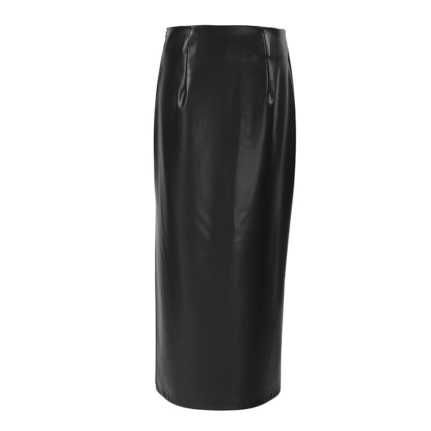 Sheath Leather Skirt Autumn And Winter Black Slit Straight Skirt