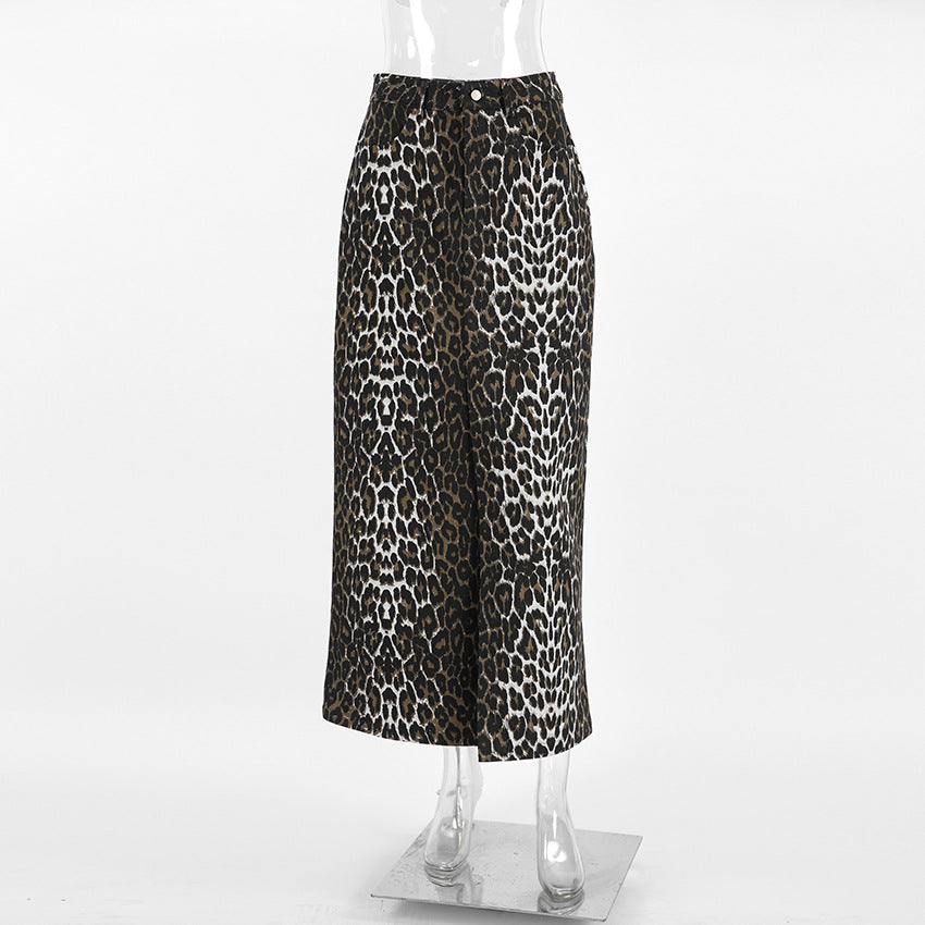 Cotton Leopard Print Split Midi Skirts