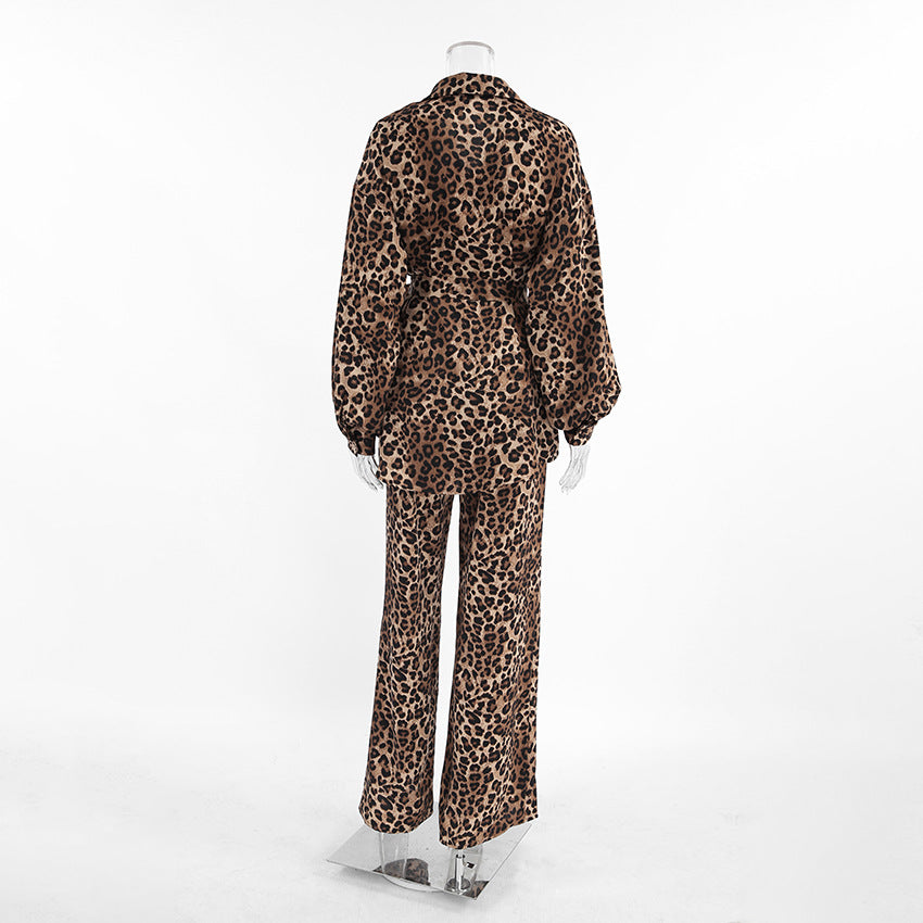 Leopard Print Long Sleeve Blouses Wide Leg Pants Set