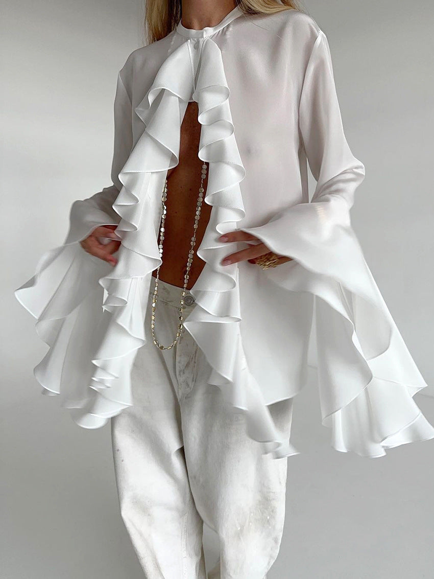 Bell Sleeve Up Sheer Chiffon Ruffle Blouse