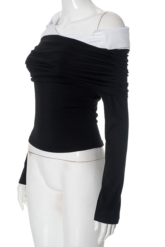 Off-Shoulder Colorblock Long-Sleeved Slim-Fit T-shirt