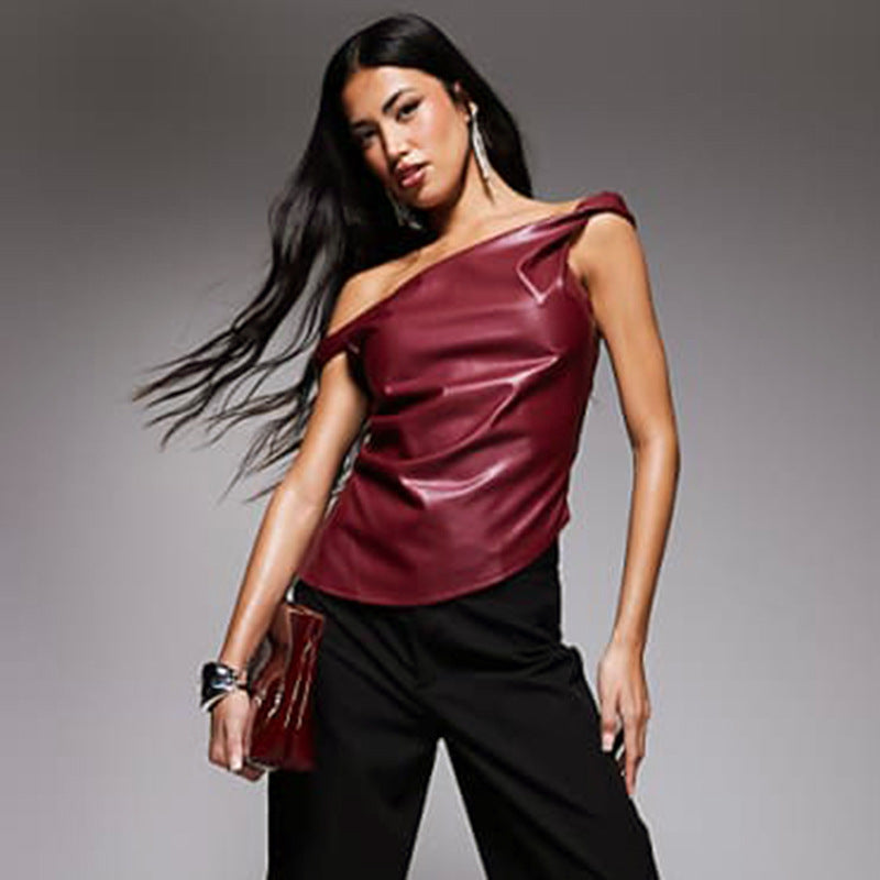 Off Shoulder Twist Leather Look Top