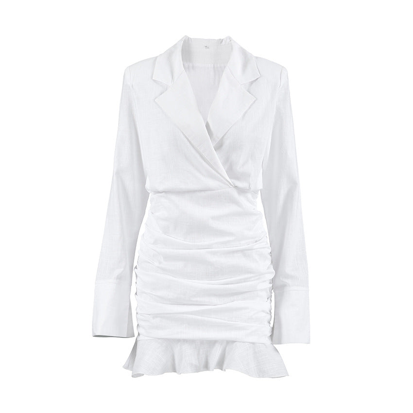 White Solid Deep V-Neck Long Sleeve Fitted Ruched Shirt Dress