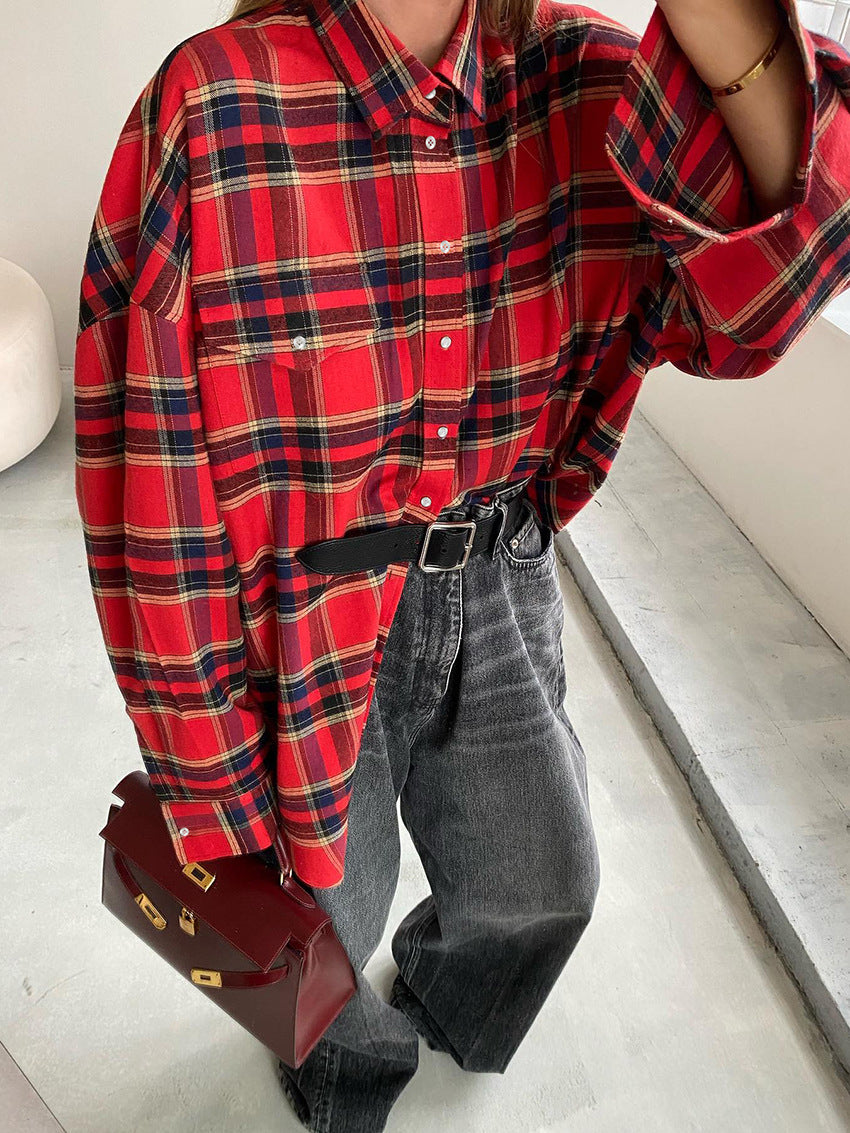 Retro Plaid Loose Long Sleeved Shirt