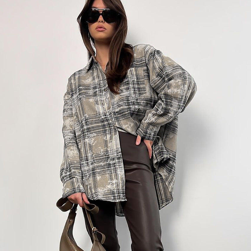 Vintage-Inspired Brushed Plaid Oversized Shirt