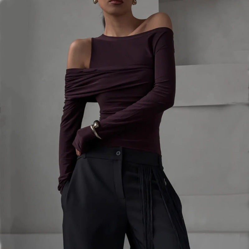 Slim Long Sleeve Cross Wrap  Off Shoulder Crop Top