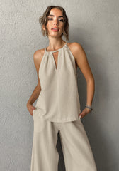 Hollow Out Neck Lace Up Sleeveless Vest+wide Leg Pants Two Piece Sets