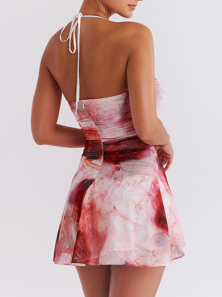 Rose Print Frill Halter Mini Dress