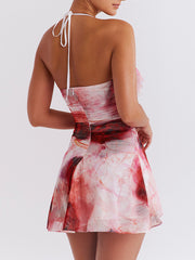 Rose Print Frill Halter Mini Dress