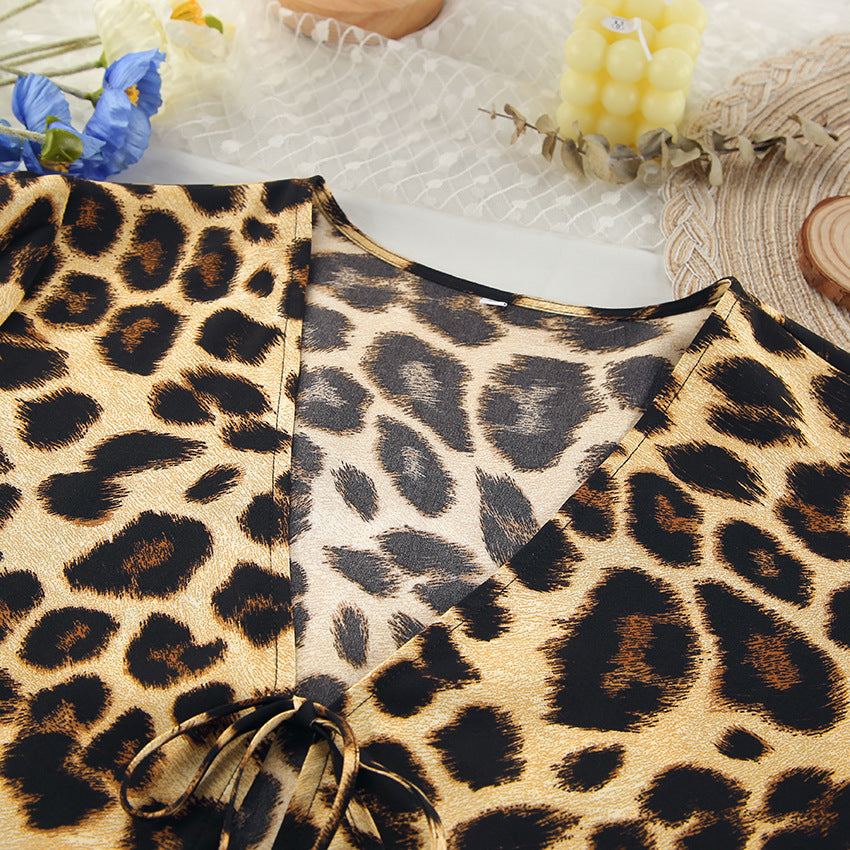 Leopard Print Loose V-neck Tie Top and Elastic Waist Comfort Pants Set