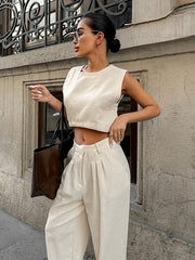 Linen Crop Top & Pleated Pants Set