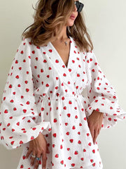 Strawberry Print Puff Sleeve Cotton Dress