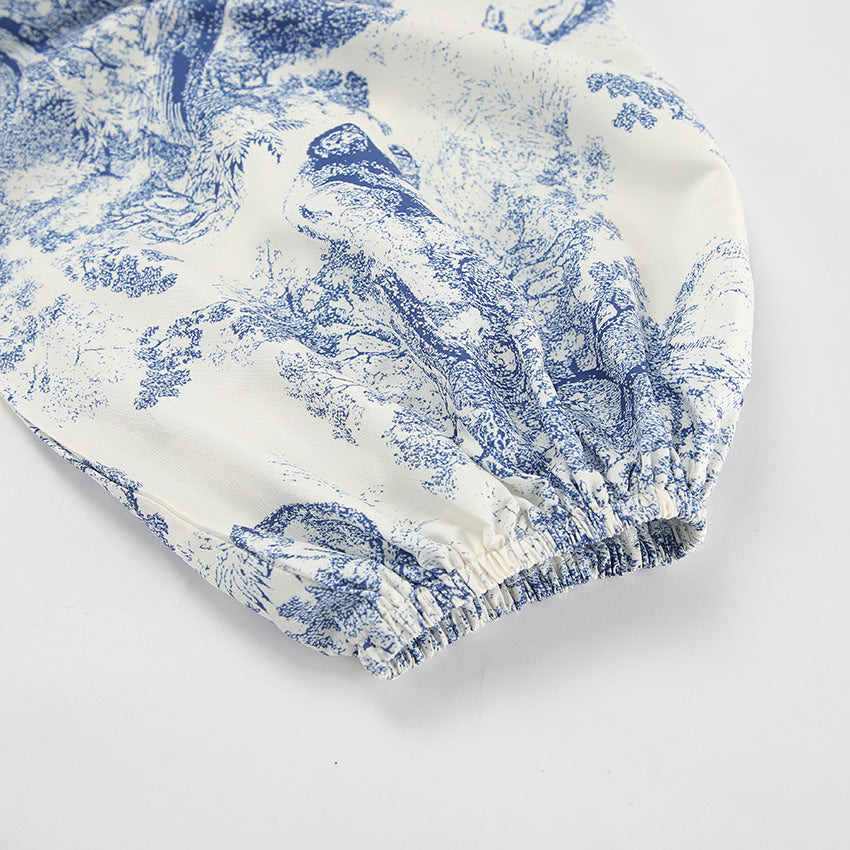 Ink Painting Shirt Design Print Lantern Sleeve Stand Collar Top