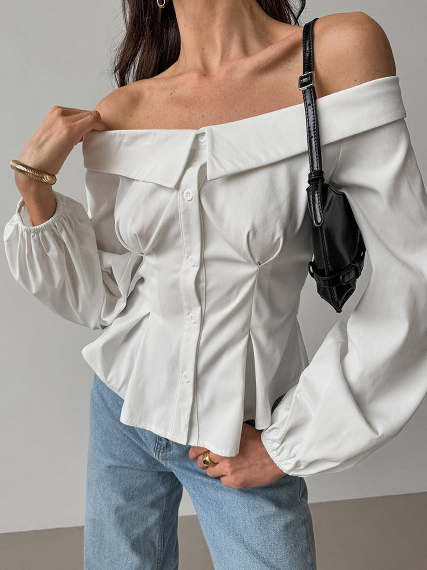 White Button-up Off-shoulder Top
