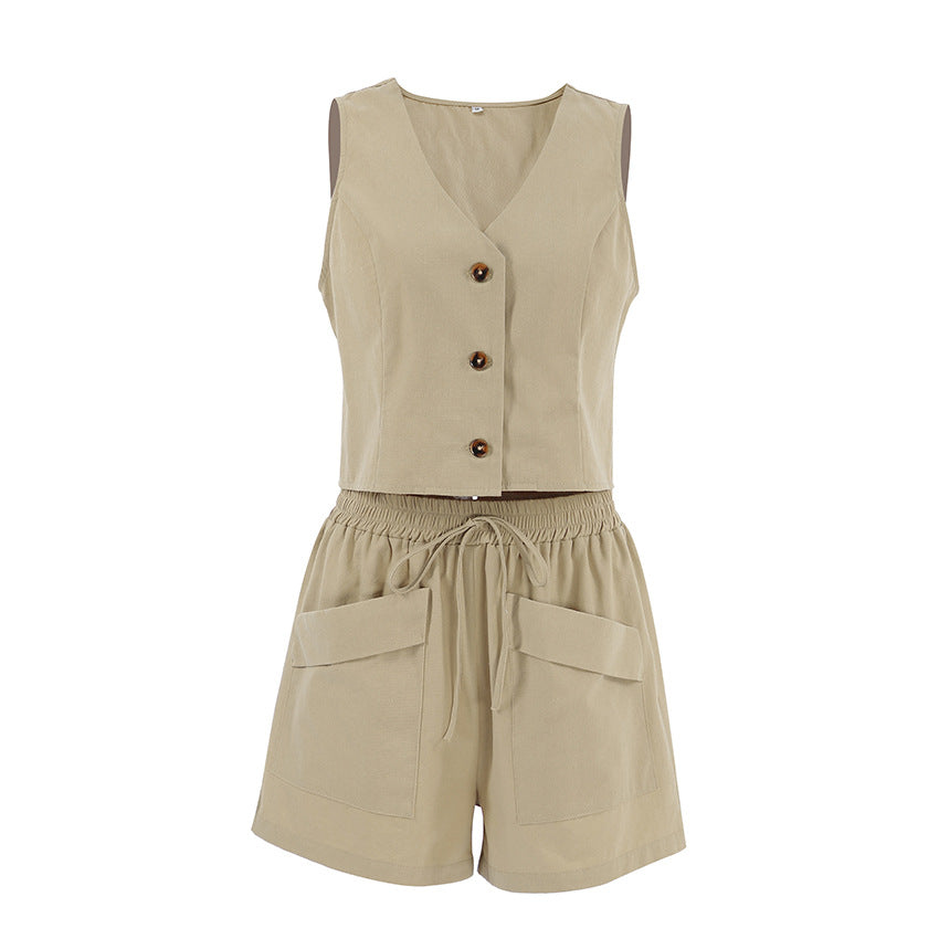 COTTON LINEN VEST &SHORTS SET