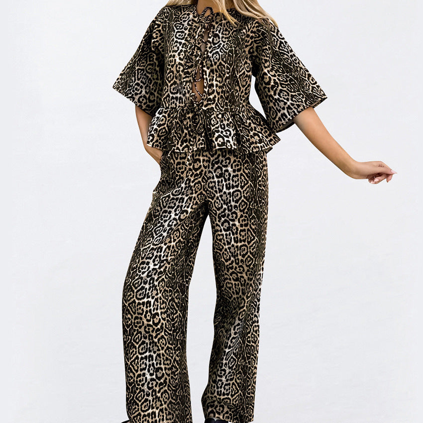 Leopard Print Half Sleeve Cardigan Trousers Two-piece Set