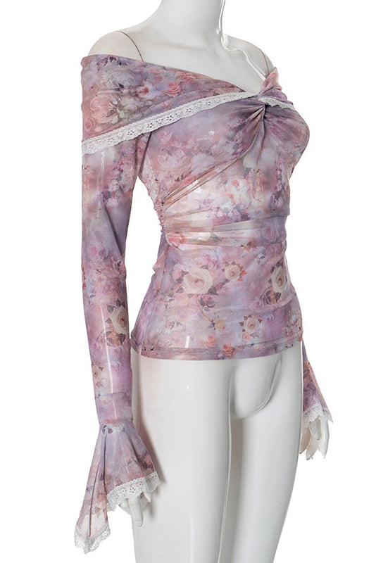 Off-Shoulder Floral Print Ruffled Lace Long-Sleeved Top