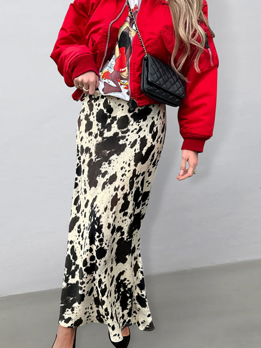 Cow Print Satin Maxi Skirt