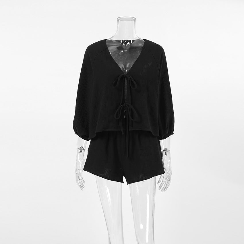 Tie-Front Long Sleeve Shorts Set