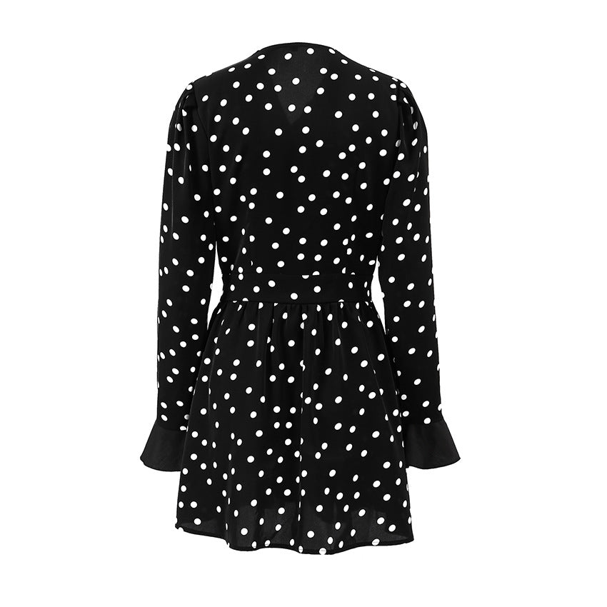 V-Neck Polka Dot Long Sleeve Black Short Dresses