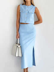 Sleeveless Suit Vest and Wide Leg Pants Sets