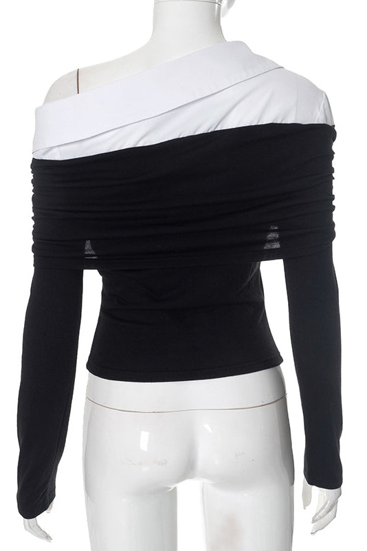 Off-Shoulder Colorblock Long-Sleeved Slim-Fit T-shirt