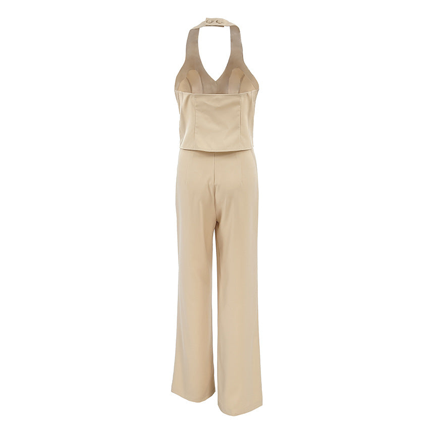 V-Neck Halter Vest Wide-Leg Pants Suit