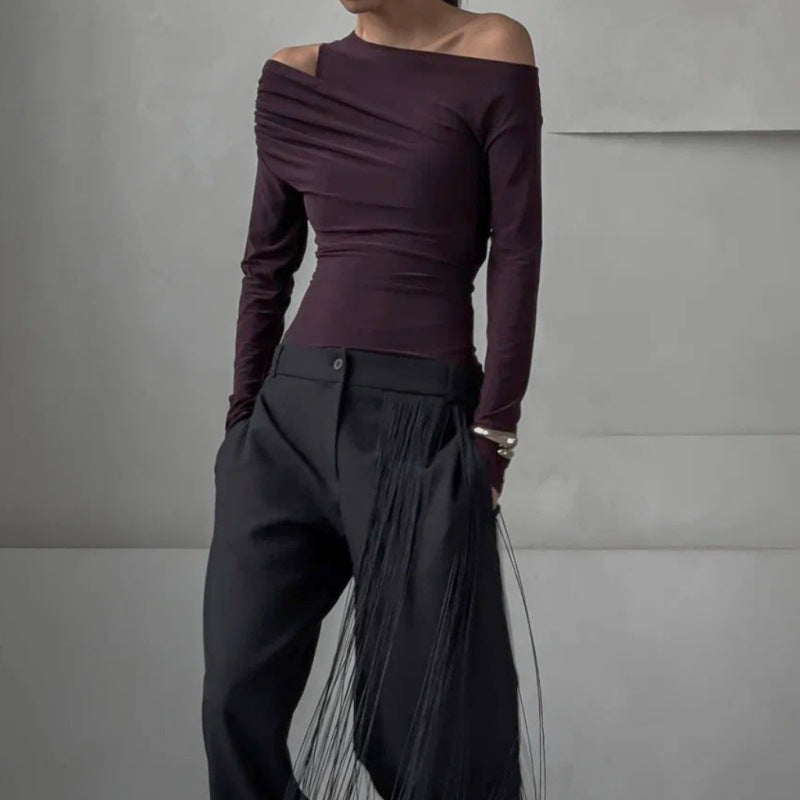 Slim Long Sleeve Cross Wrap  Off Shoulder Crop Top