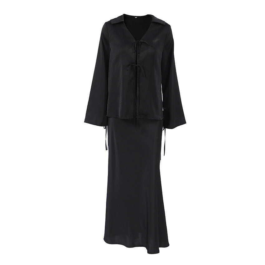 Bell Sleeve Tie Top Fishtail Skirt Set