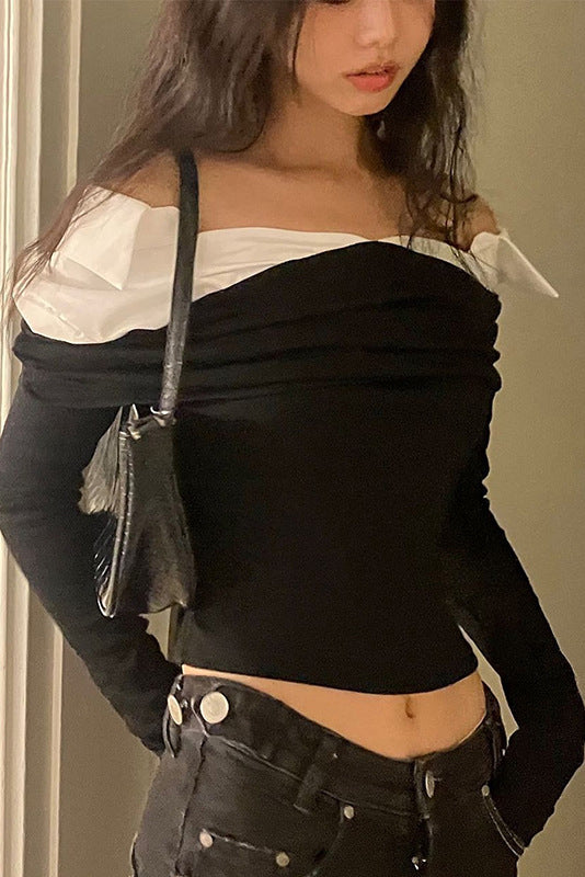 Off-Shoulder Colorblock Long-Sleeved Slim-Fit T-shirt