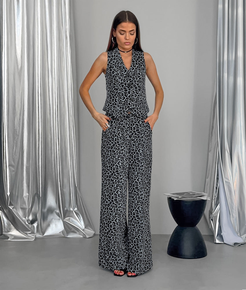 Retro Street Leopard Print Casual Vest and Trousers Two-Piece Set