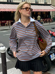 Striped Print Buttons Contrast Turndown Collar Tops