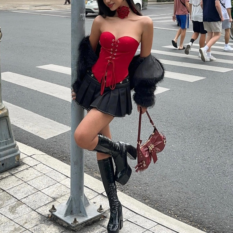 Red Lace-up Bandeau Irregular Top
