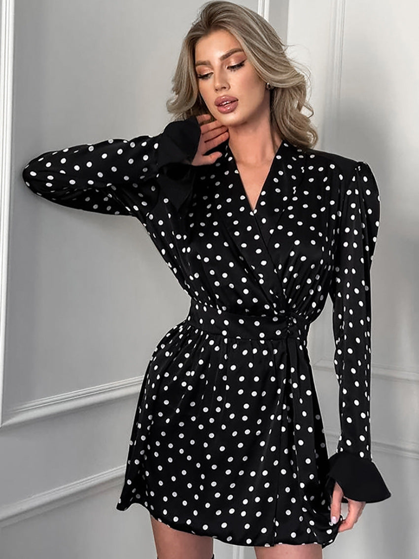 V-Neck Polka Dot Long Sleeve Black Short Dresses