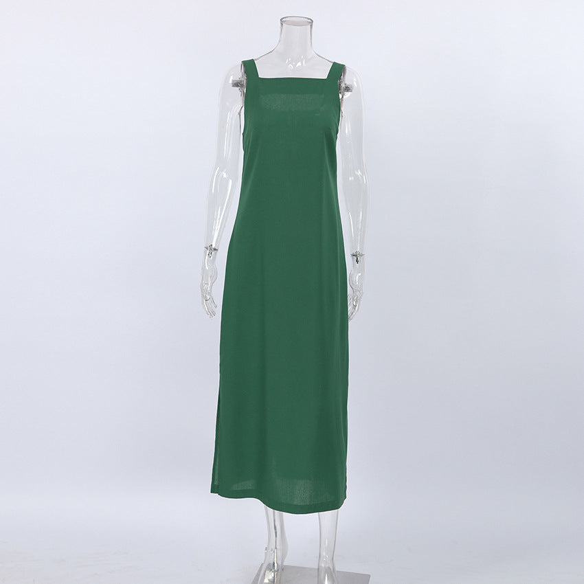 Green Cotton And Linen Sleeveless Slit Dress