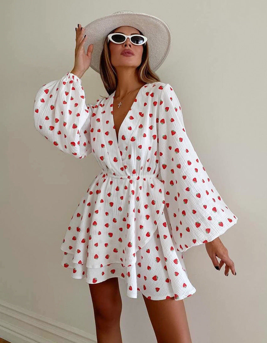 Strawberry Print Puff Sleeve Cotton Dress