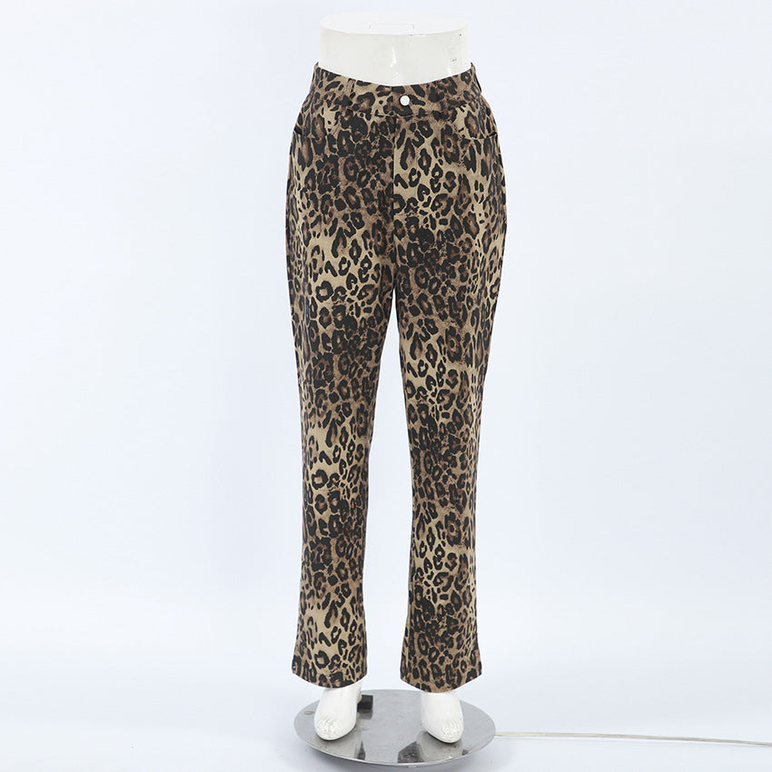 Leopard Print High Waist Long Pants