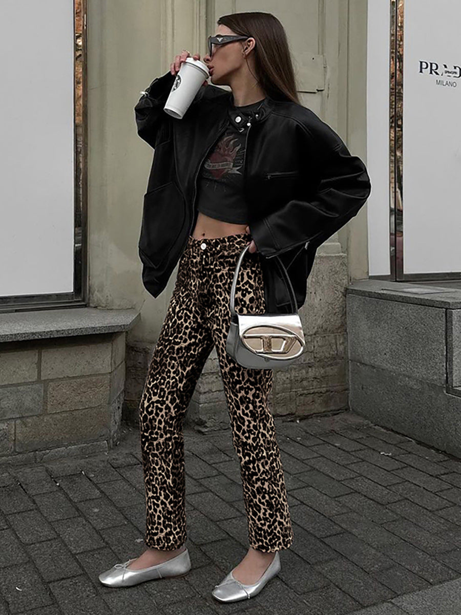 Leopard Print High Waist Long Pants