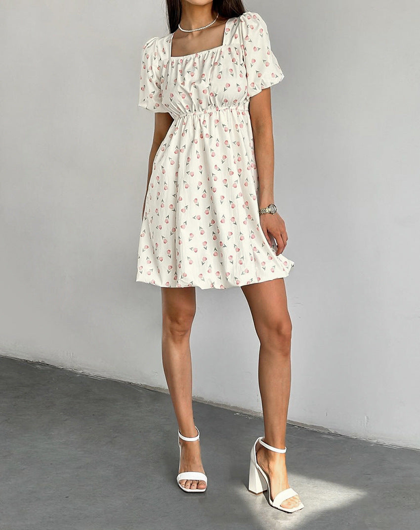 Short-Sleeve Square Neck Floral Print Mini A-Line Dress