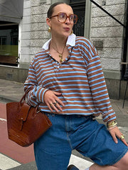 Striped Print Buttons Contrast Turndown Collar Tops
