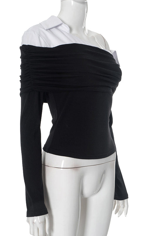 Off-Shoulder Colorblock Long-Sleeved Slim-Fit T-shirt
