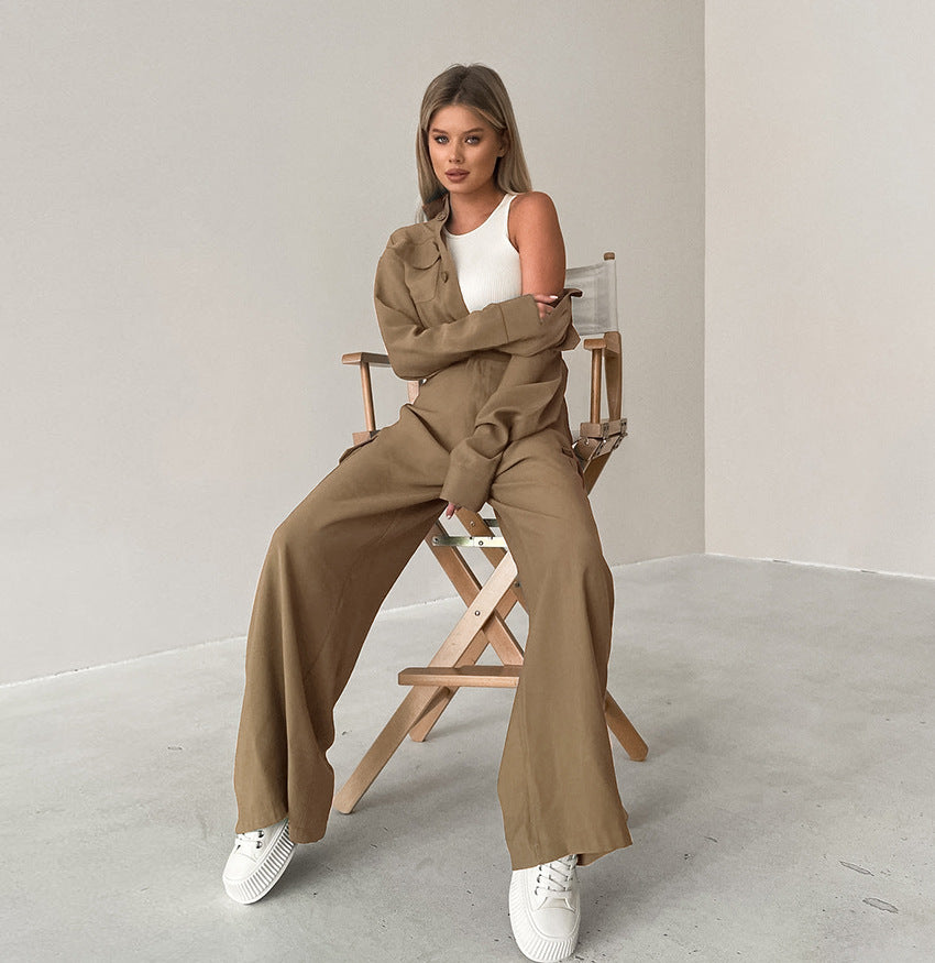 Long Sleeve Single-breasted Cargo Jumpsuits