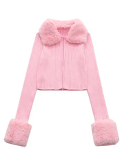 Christmas Sweet Pink Plush Zipper Cardigan