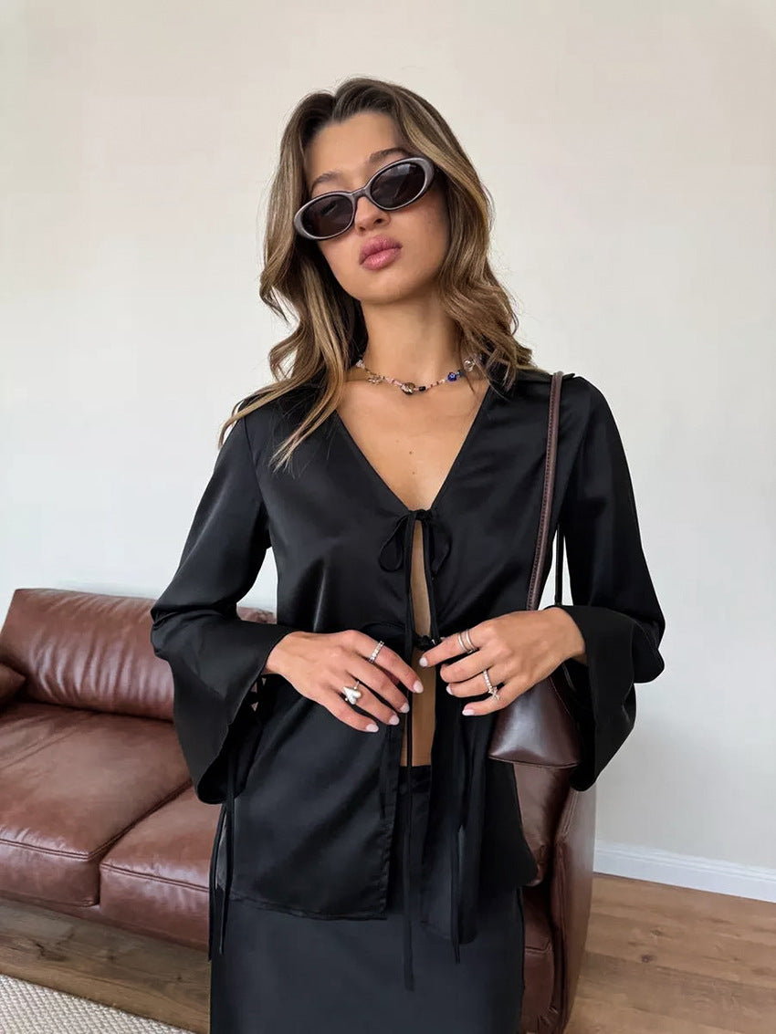 Bell Sleeve Tie Top Fishtail Skirt Set